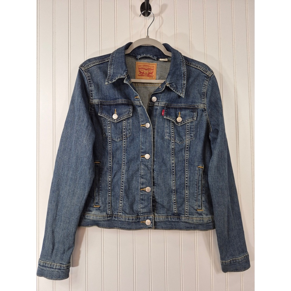 Levis Women Denim Trucker Jacket Medium Wash Stretch Cotton Blue Size XL Rugged